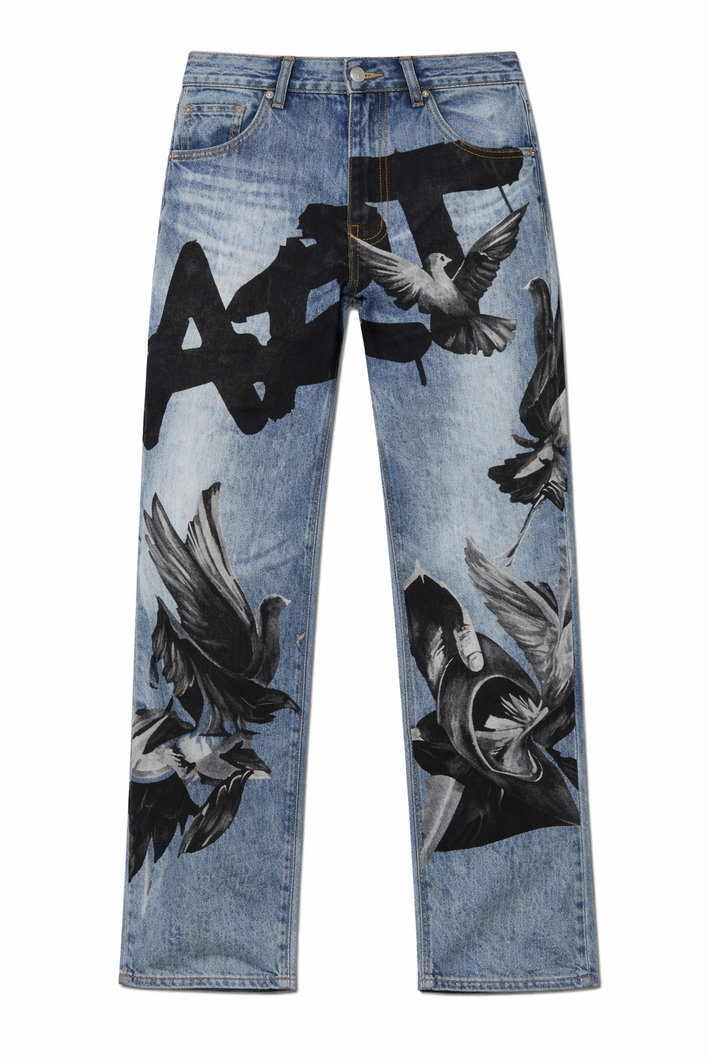 Armor Doves Print Baggy Jeans - Light Blue