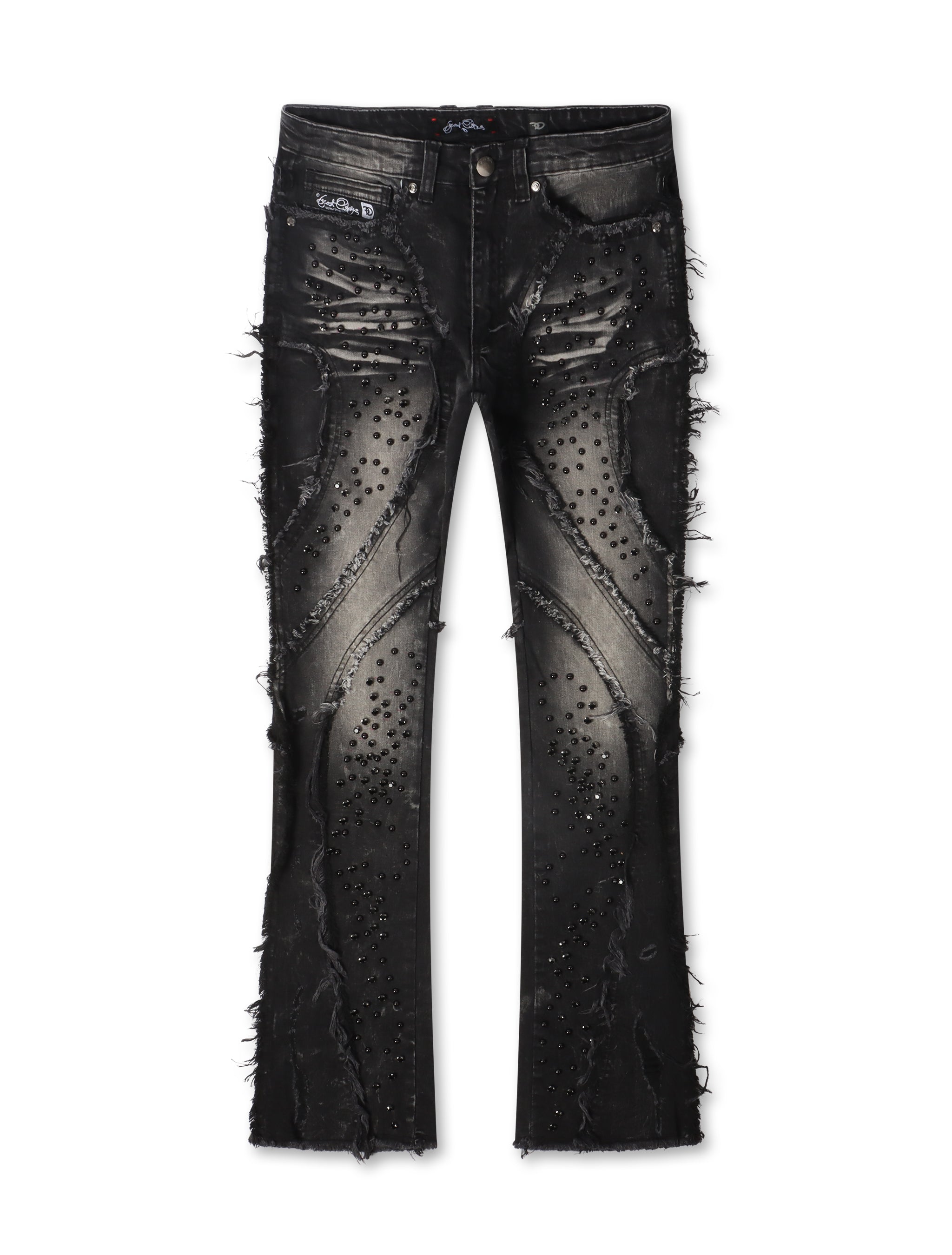 Frost Originals Distressed Rhinestone Stacked Jeans – Black Wash