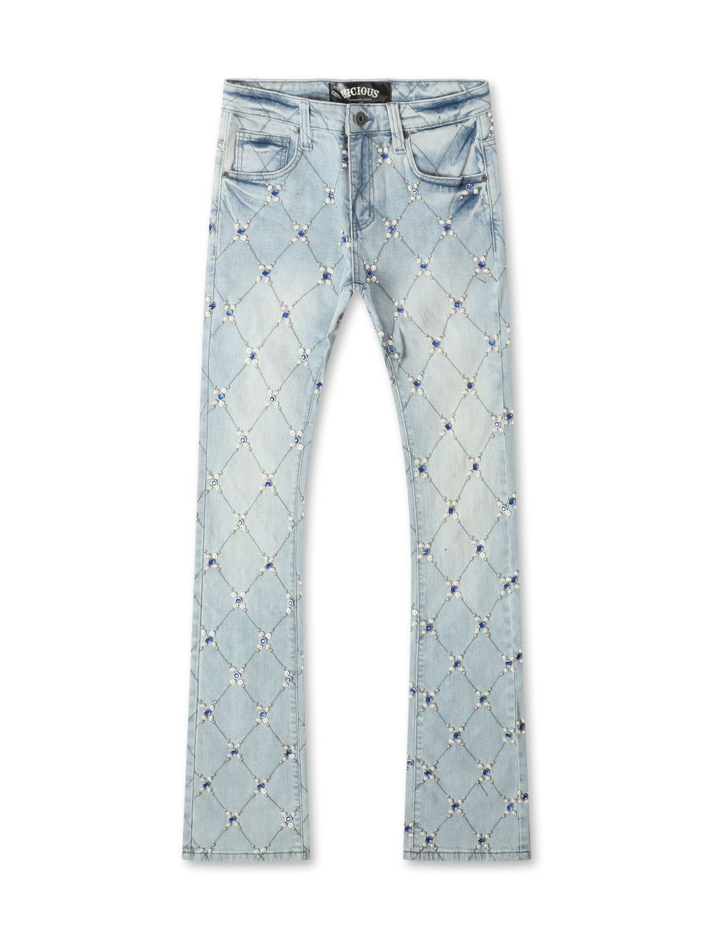 Vicious Denim Diamond Rhinestone Stacked Jeans – Light Blue