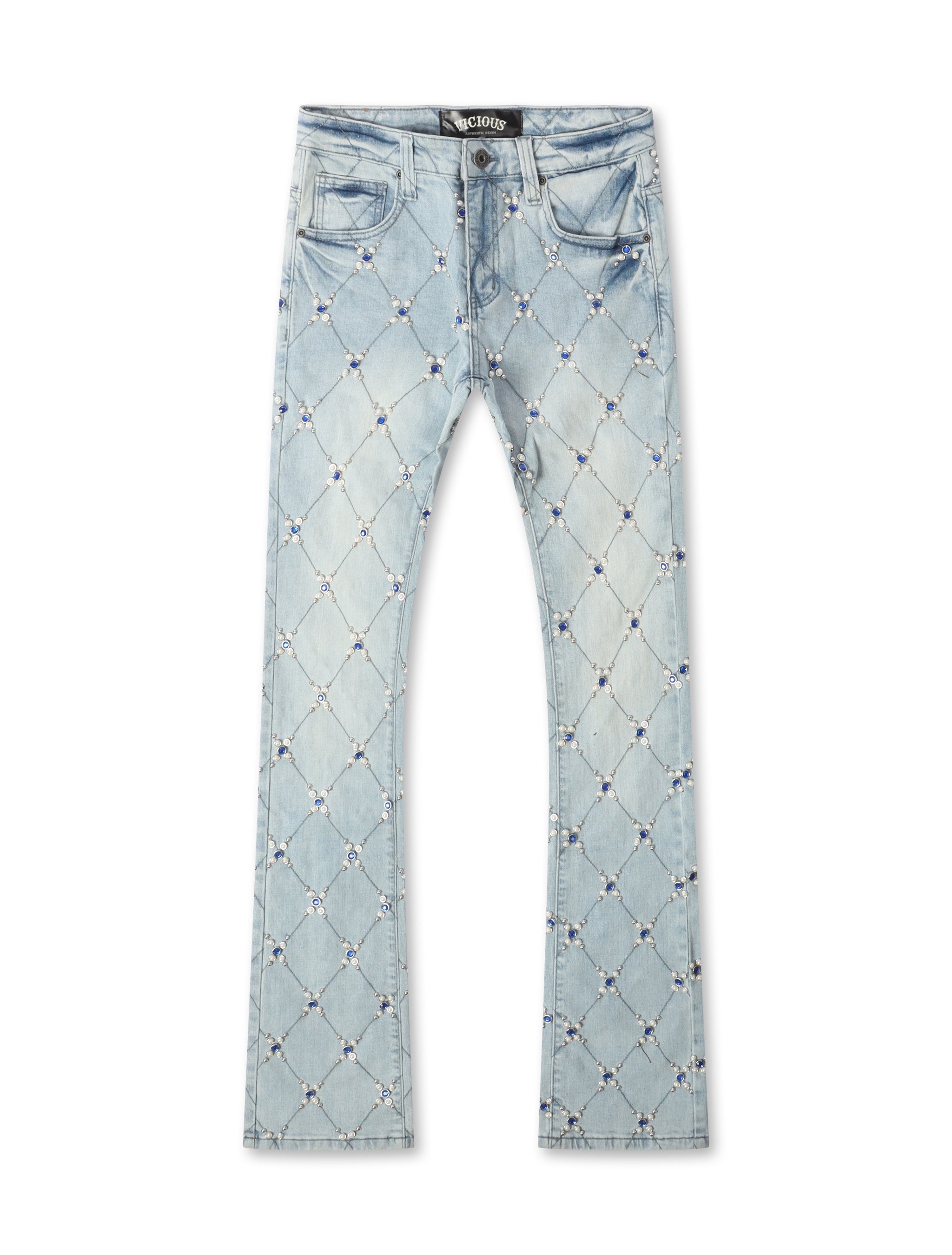 Vicious Denim Diamond Rhinestone Stacked Jeans – Light Blue