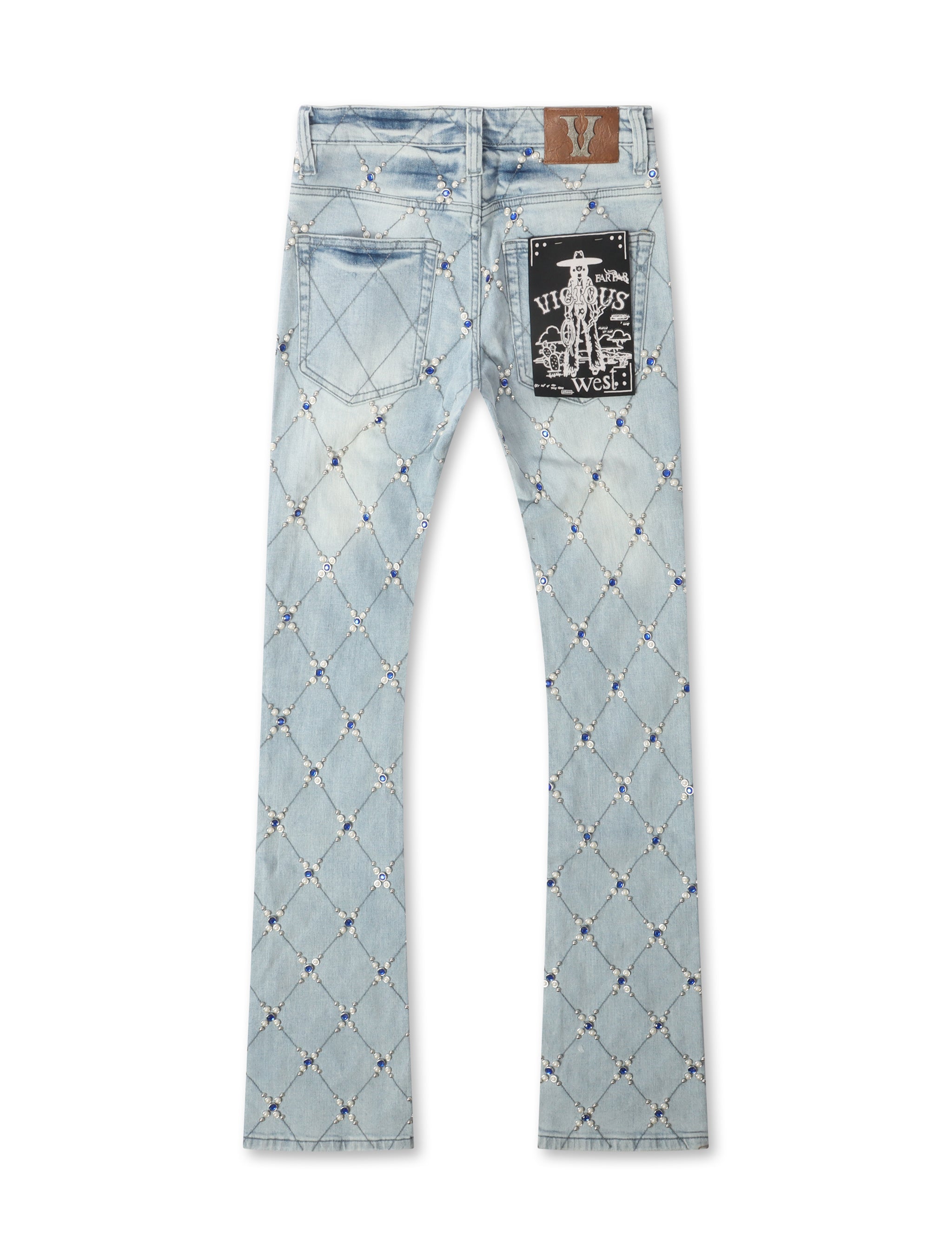 Vicious Denim Diamond Rhinestone Stacked Jeans – Light Blue