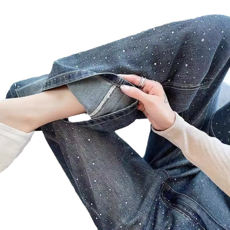 Women's High Waist Wide Leg Rhinestone Jeans | Dark Blue Straight Pants