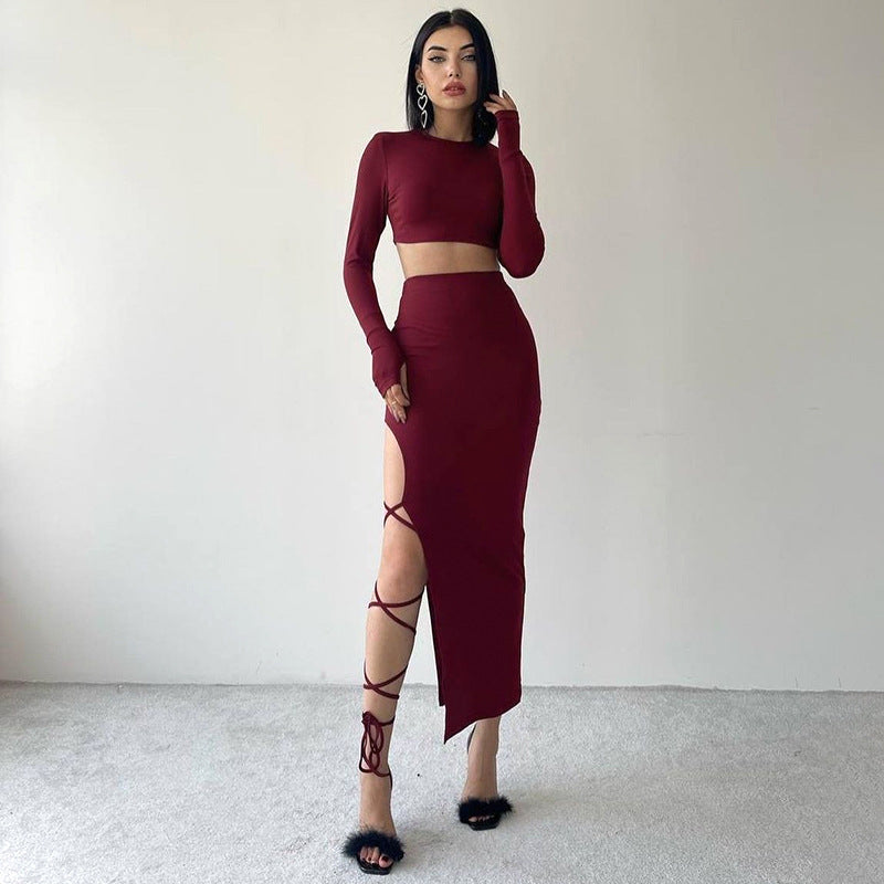 Women's Long Sleeve Crewneck Top & Slip Skirt Two-Piece Set | Slim Fit Autumn Outfit