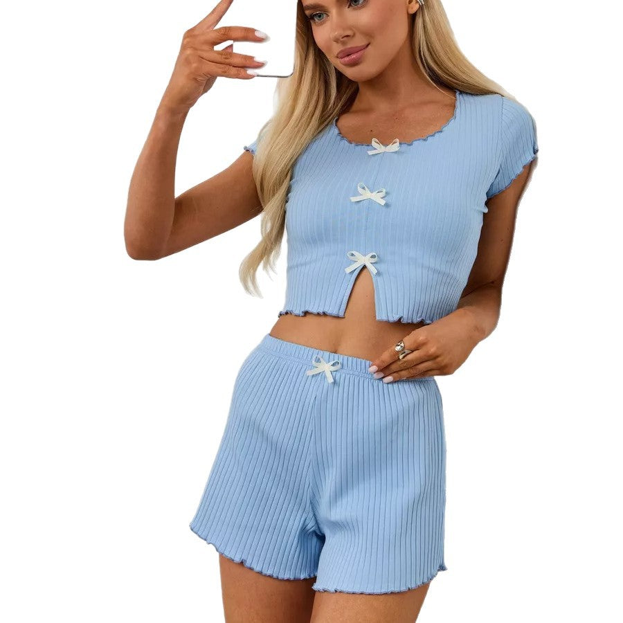 Women's Bow Knit Short Sleeve Crop Top | Sweet Slim Summer Top