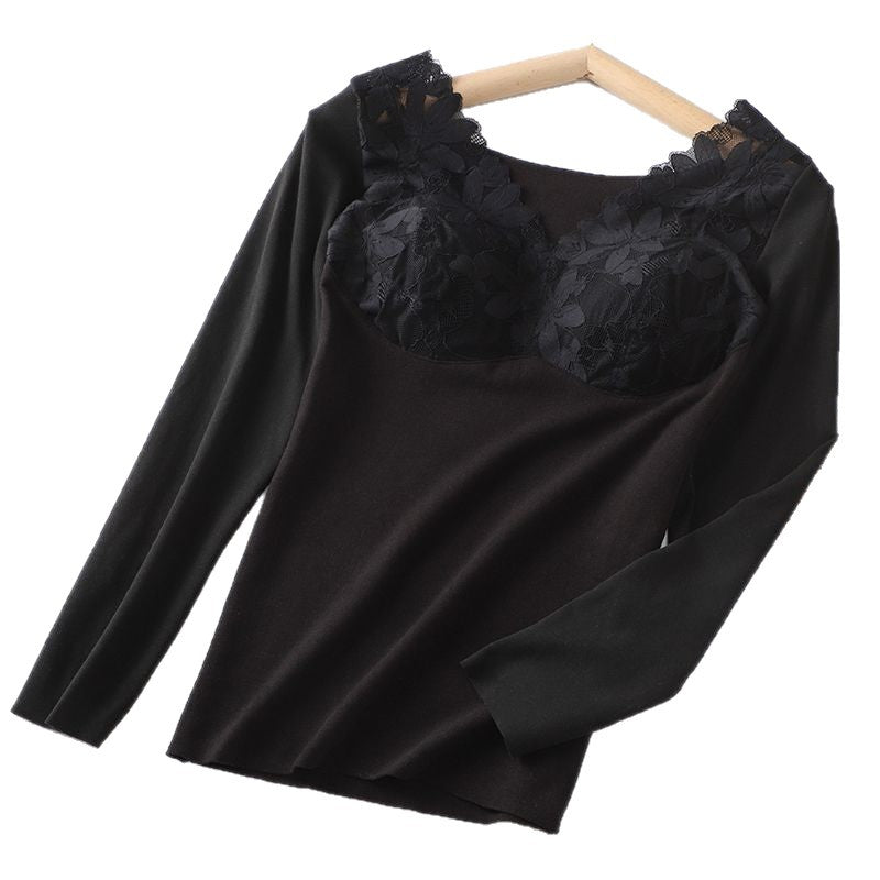 Women's Velvet Warm Lace Long Sleeve Top | Built-In Chest Pad