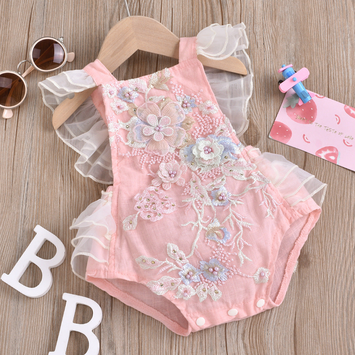 Baby Girl Gauze Lace Beaded Romper | Patchwork Lace-Up Jumpsuit