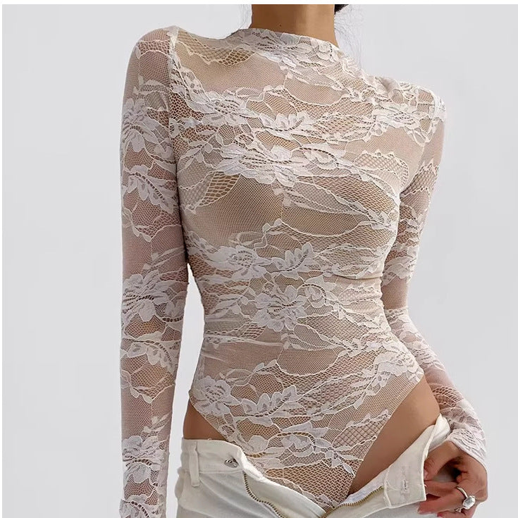 Women's Hollow Lace Long-Sleeve Slim Fit Top
