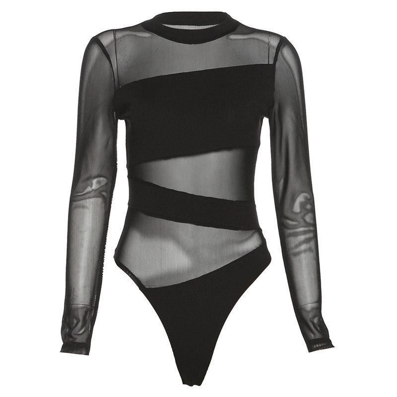 Women's Black Mesh Sheer Long-Sleeve Top – Slim Fit, Hollow Detail | Sizes S–XL