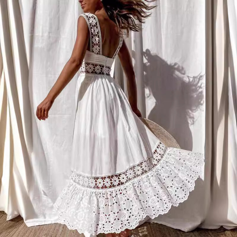 Women's Lace Sleeveless Princess Maxi Dress | High Waist U-Neck | White