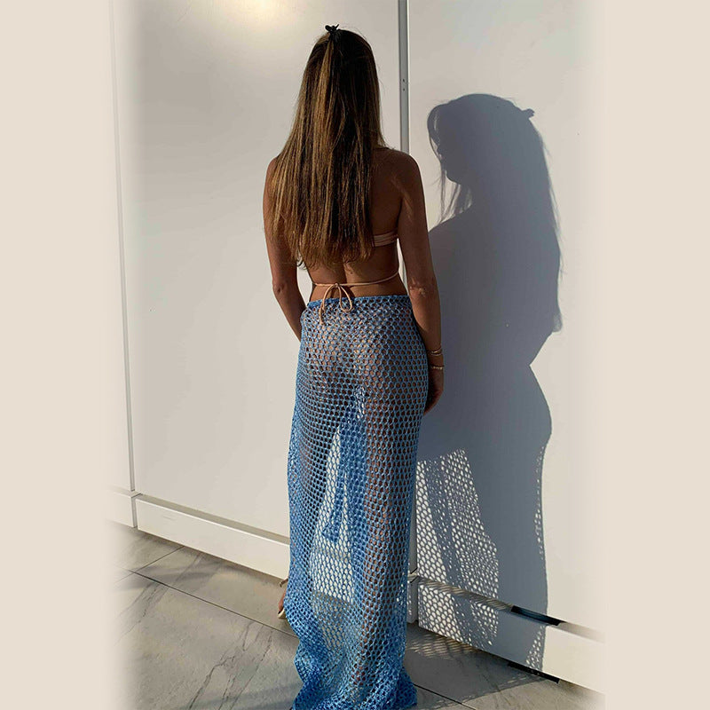 Sexy Perspective Mesh Hollow Split Strap Knitted Skirt
