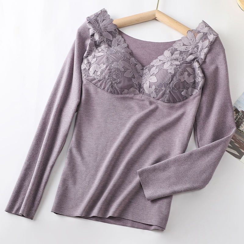 Women's Velvet Warm Lace Long Sleeve Top | Built-In Chest Pad