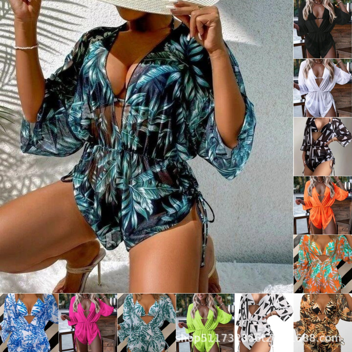 Bikini Three-Piece Set Tight Waist Lace-Up Long Sleeve Leaf Print Beach Conservative Swimsuit Sporty