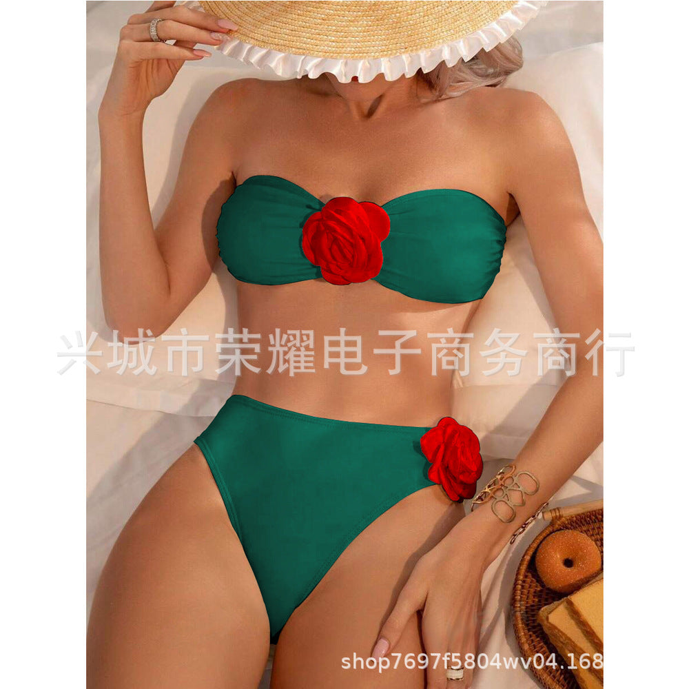 Women's Rose Tube Top Two-Piece Bikini Set