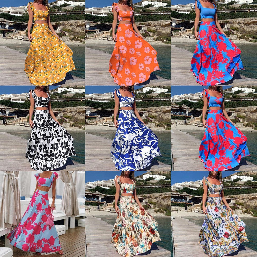 Women's Bohemian Printed Sleeveless Two-Piece Dress Set