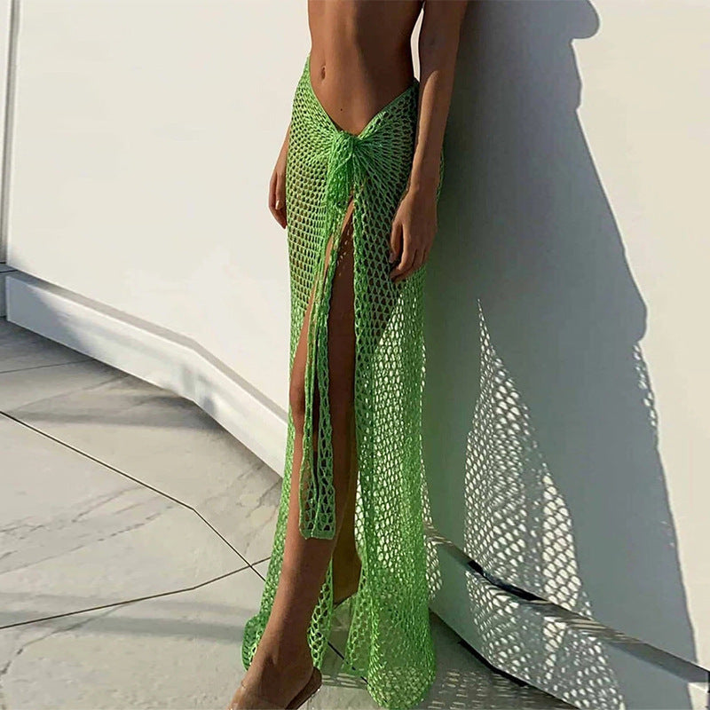 Sexy Perspective Mesh Hollow Split Strap Knitted Skirt