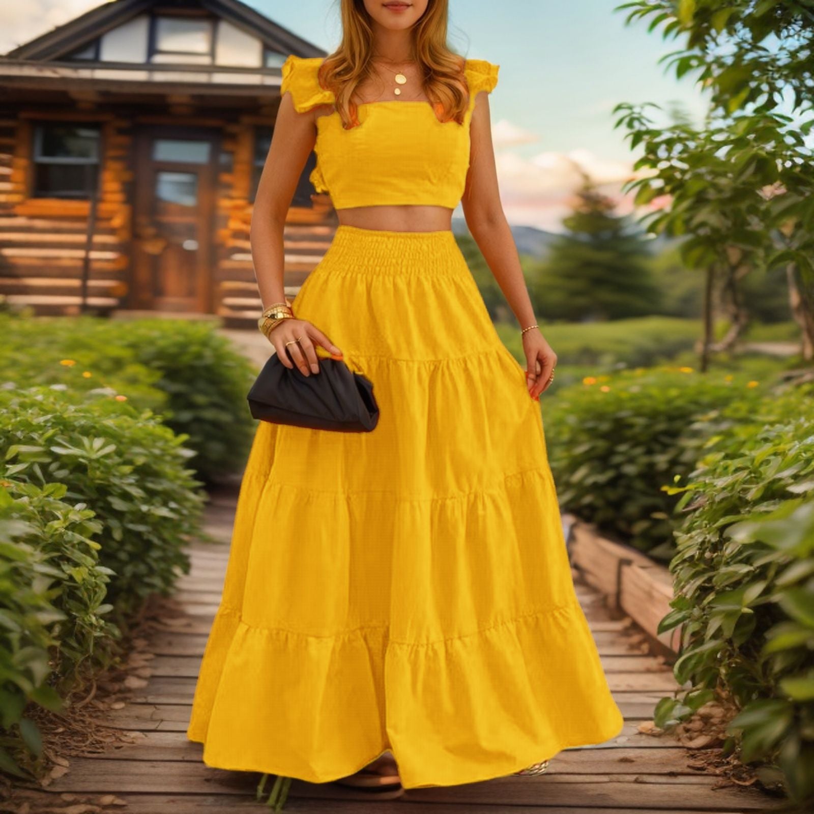 Women's Two-Piece Maxi Dress Set – Sling Top & Swing Skirt