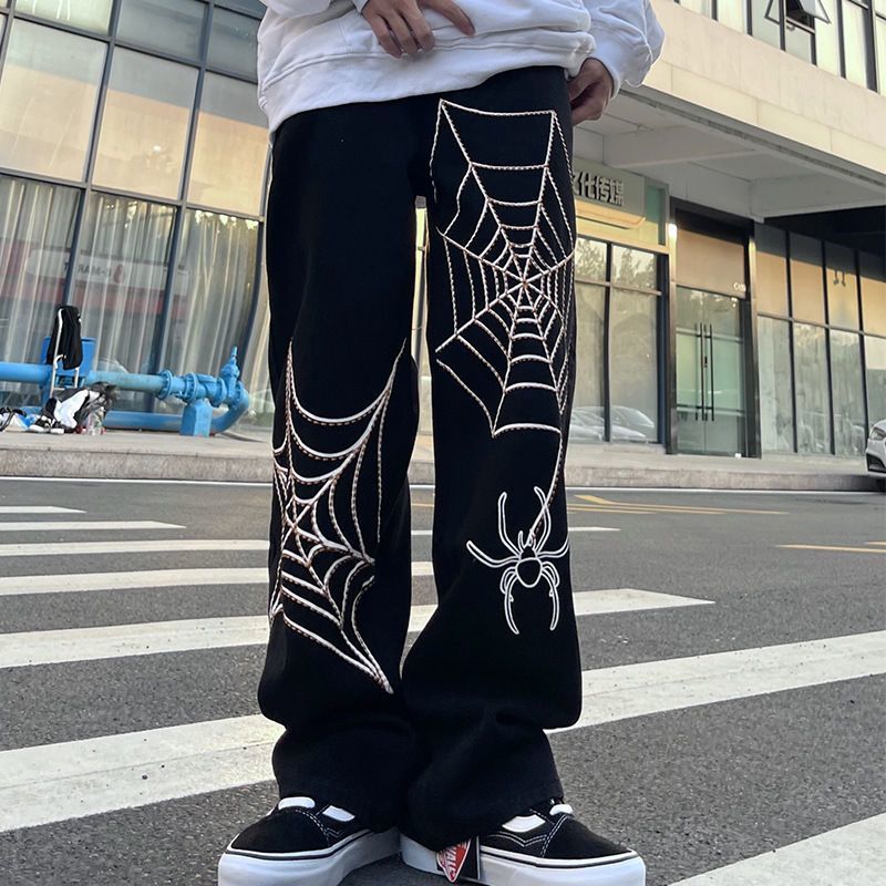 Men's Black Printed Wide Leg Jeans – Loose Fit, High Street Style | Sizes S–3XL