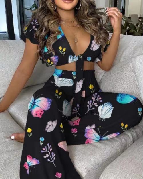 Women's Printed Lace-Up Two-Piece Pants Set
