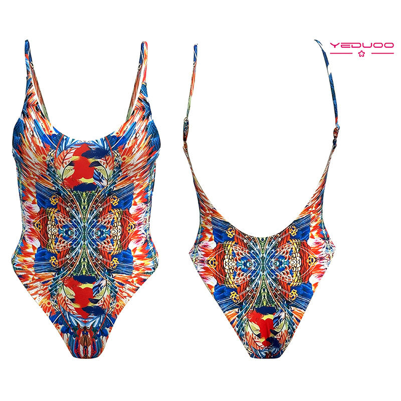 Printed Backless Halter One-Piece Swimsuit – Multicolor