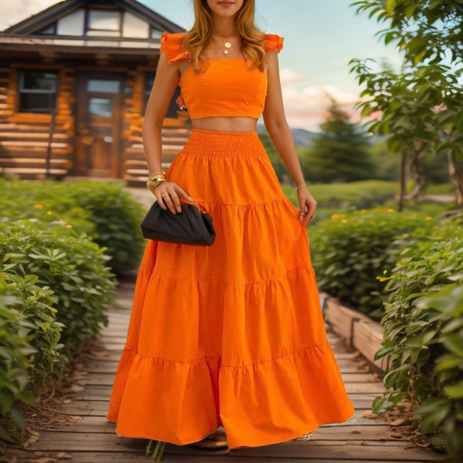 Women's Two-Piece Maxi Dress Set – Sling Top & Swing Skirt