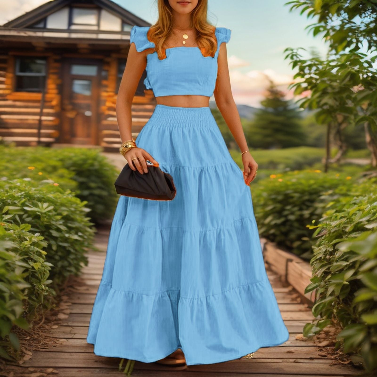 Women's Two-Piece Maxi Dress Set – Sling Top & Swing Skirt