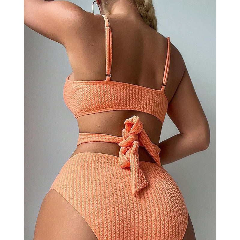 Women's Solid Color Lace-Up Halter High-Waist Bikini Set