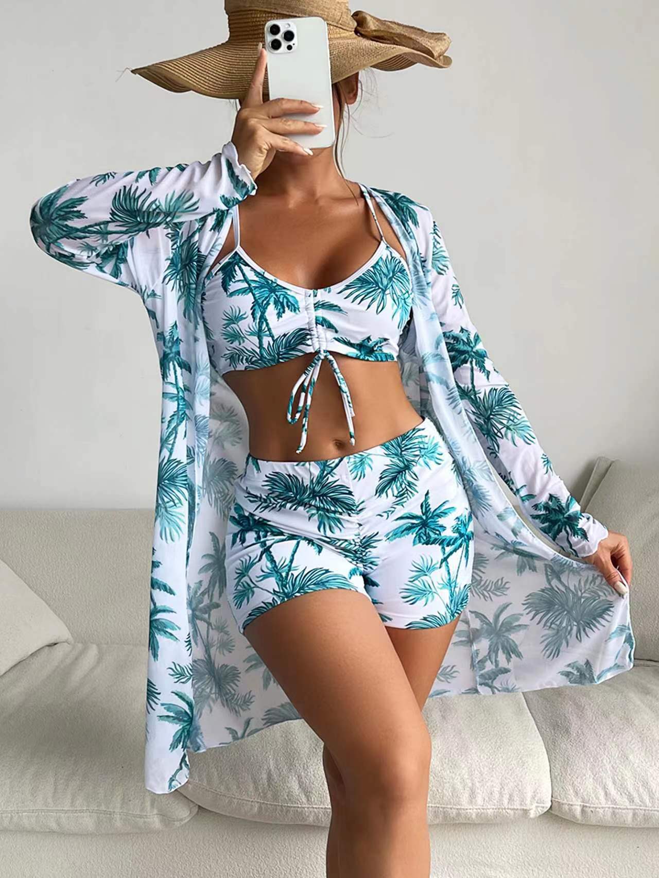 Women's 3-Piece Swimsuit Set – High Waist, Long Sleeve Cover-Up & Boy Shorts