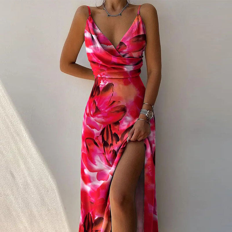 Women's V-Neck Sling Split Print Maxi Dress