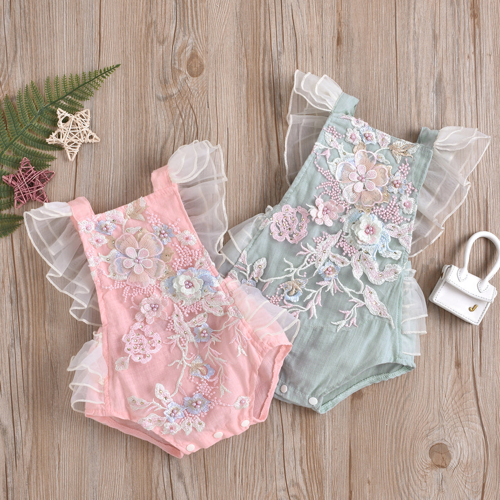 Baby Girl Gauze Lace Beaded Romper | Patchwork Lace-Up Jumpsuit
