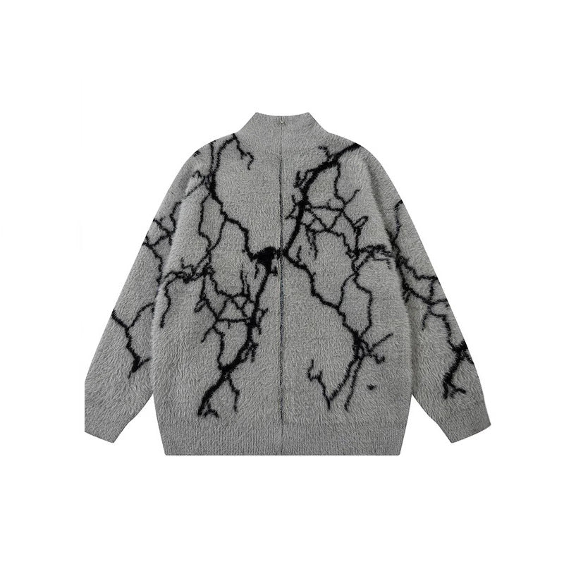 Unisex Hip-Hop Lightning Jacquard Zip Cardigan | Retro Loose Streetwear Jacket
