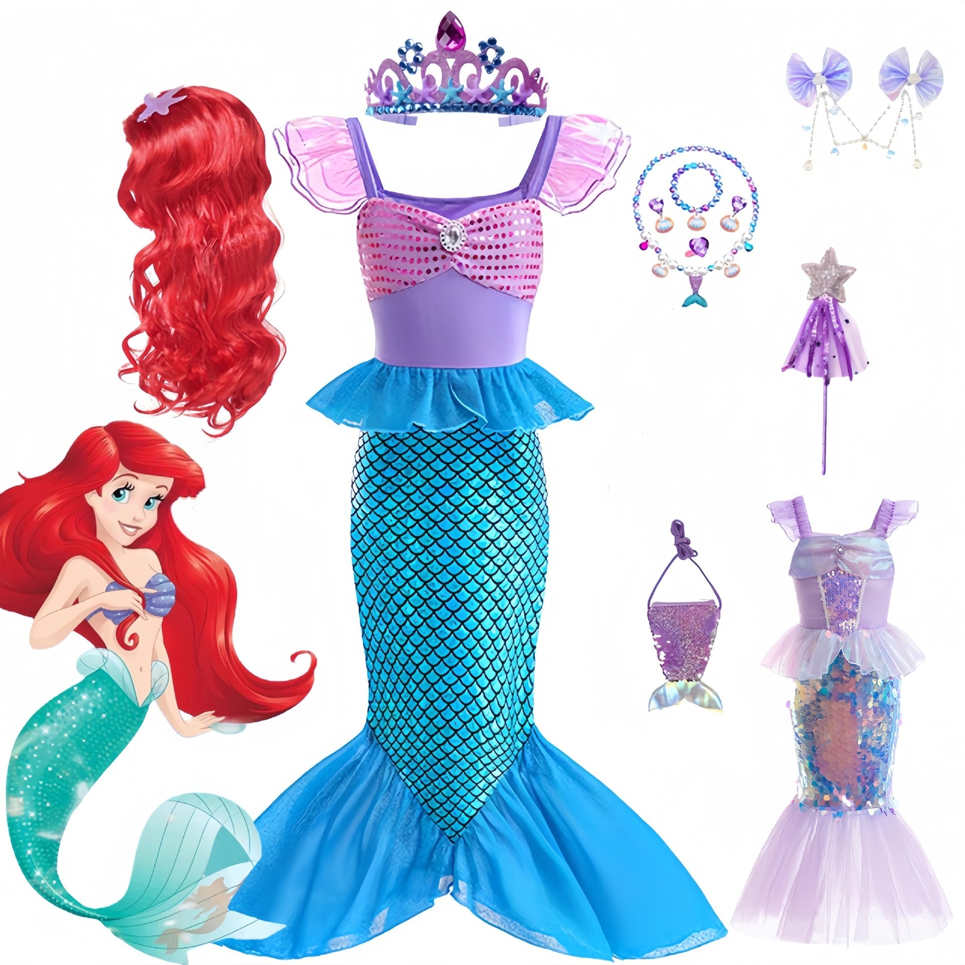 Girls' Purple Mermaid Fishtail Dress with Crown & Magic Wand Set