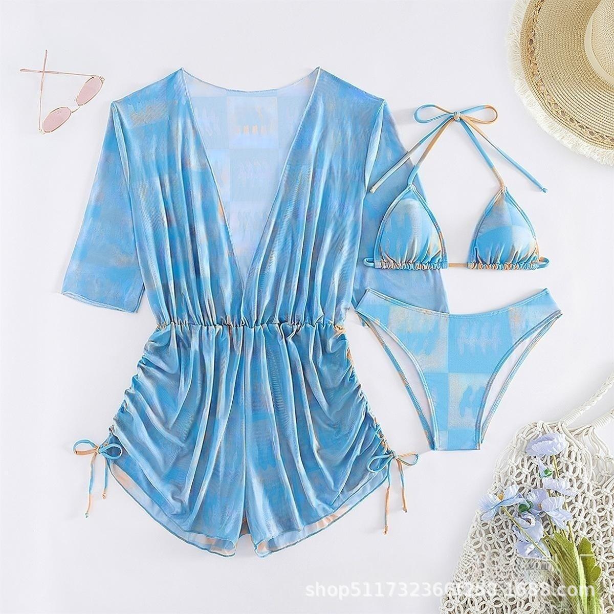 Bikini Three-Piece Set Tight Waist Lace-Up Long Sleeve Leaf Print Beach Conservative Swimsuit Sporty