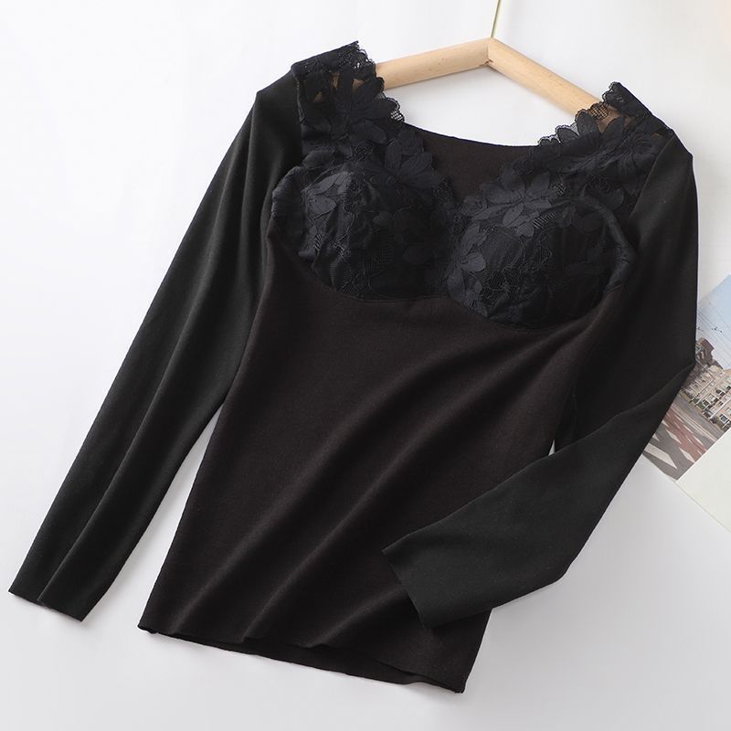 Women's Velvet Warm Lace Long Sleeve Top | Built-In Chest Pad