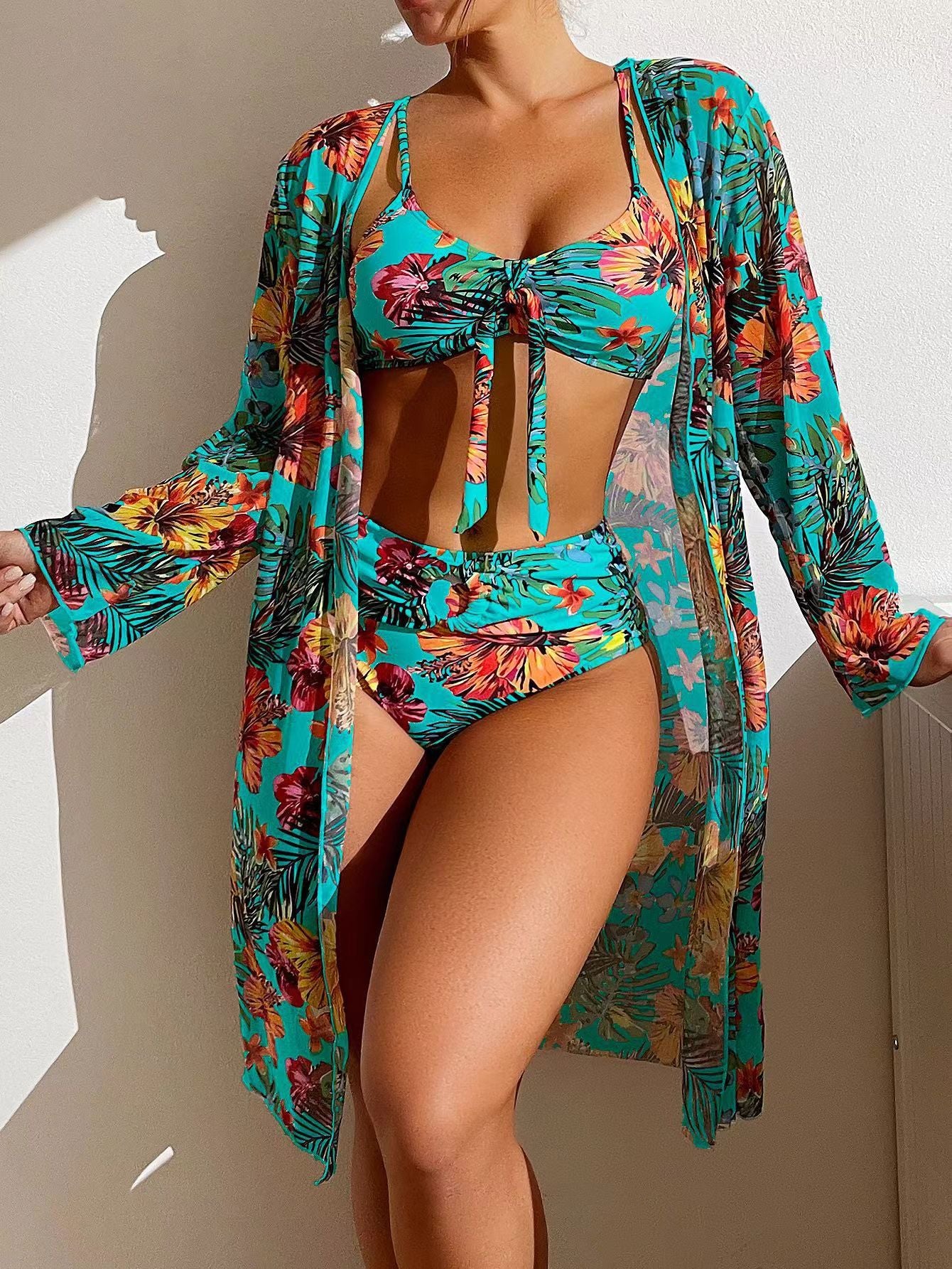Women's Lace-Up Three-Piece Bikini Set with Mesh Skirt