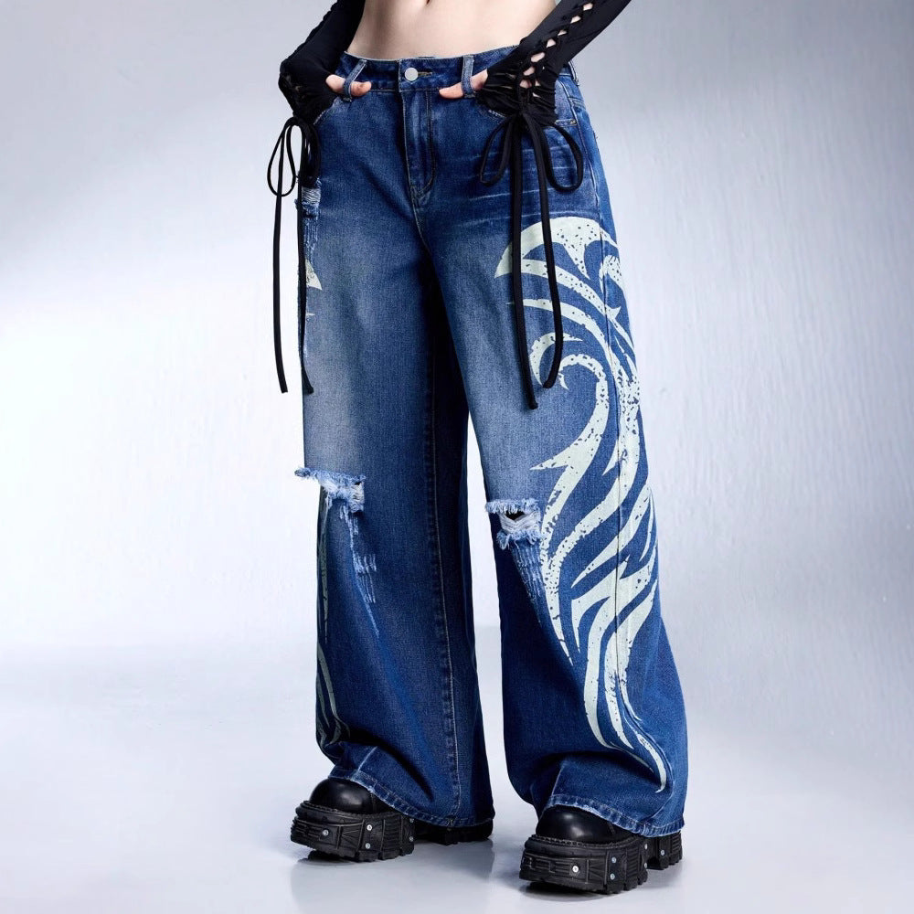 Women's Creative Pattern Printed Washed Ripped Wide Leg Jeans | Black & Blue, Sizes S–2XL