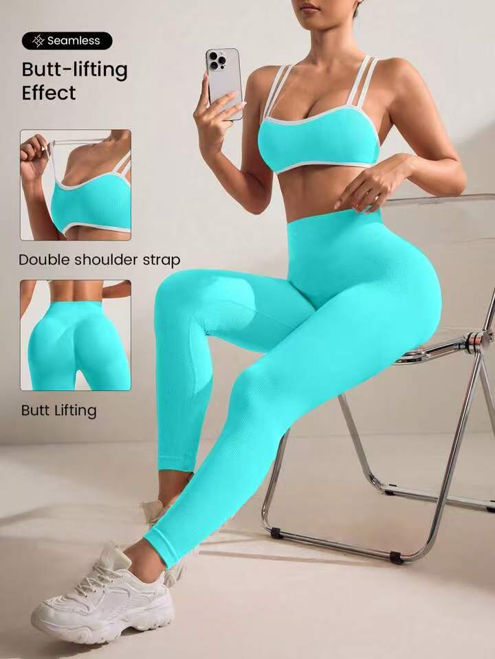 Women's Seamless Yoga Two-Piece Set – Strap Bra & Peach Hip Pants | 11 Colors, S–L