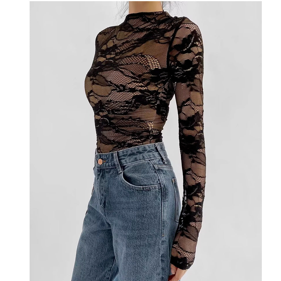 Women's Hollow Lace Long-Sleeve Slim Fit Top