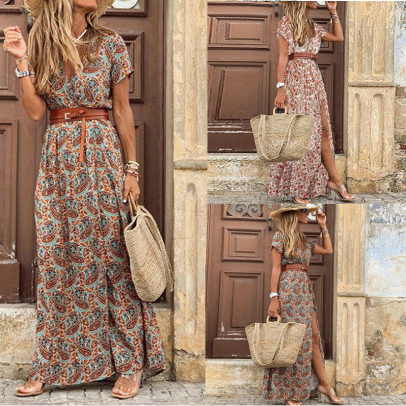 Women's Bohemian V-Neck Floral Midi Dress – 9 Colors, Sizes S–3XL