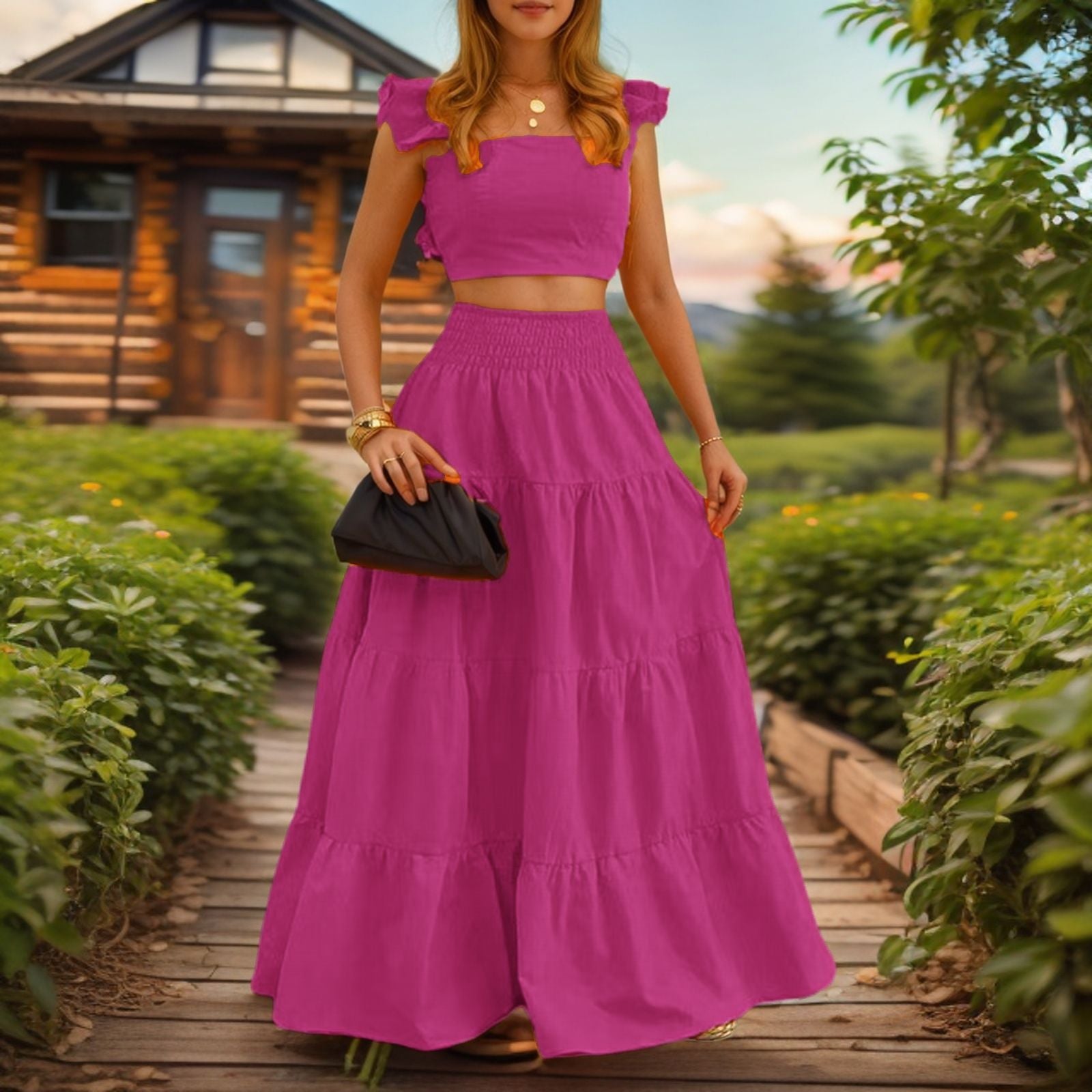 Women's Two-Piece Maxi Dress Set – Sling Top & Swing Skirt