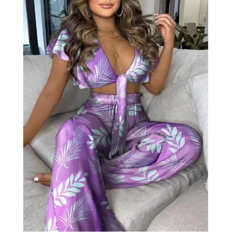 Women's Printed Lace-Up Two-Piece Pants Set