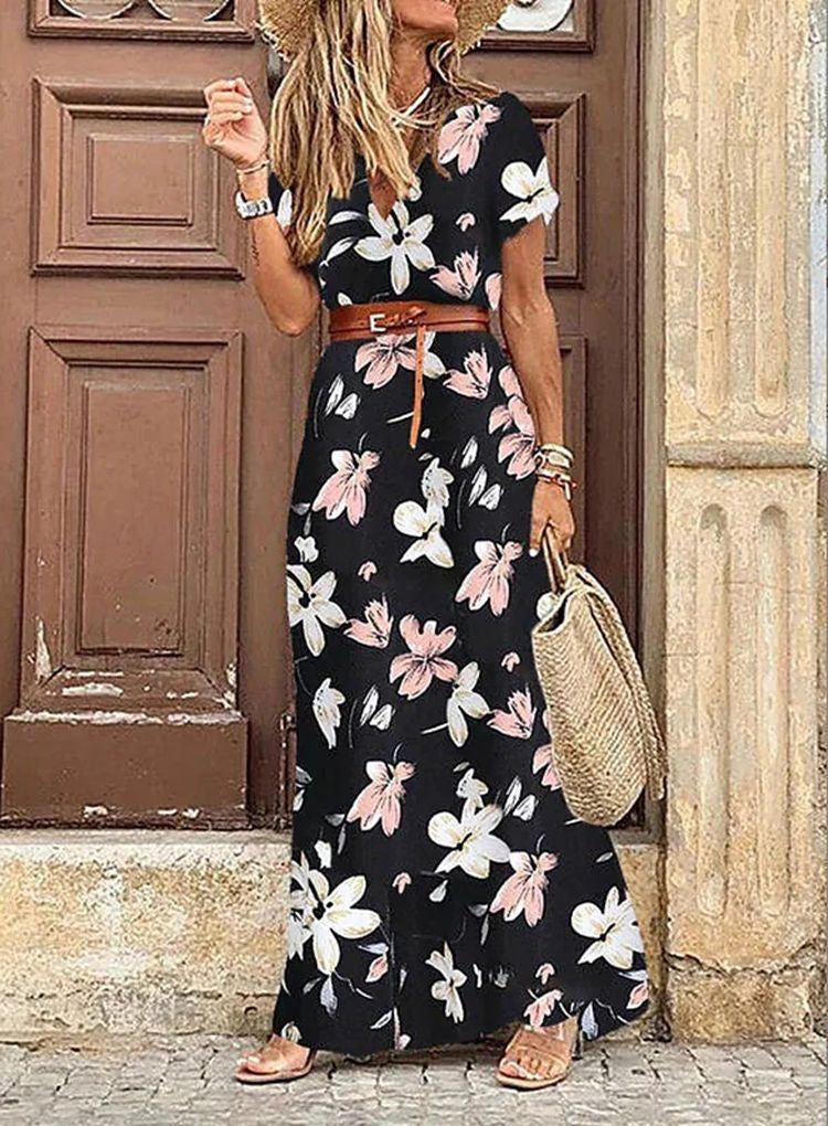 Women's Bohemian V-Neck Floral Midi Dress – 9 Colors, Sizes S–3XL