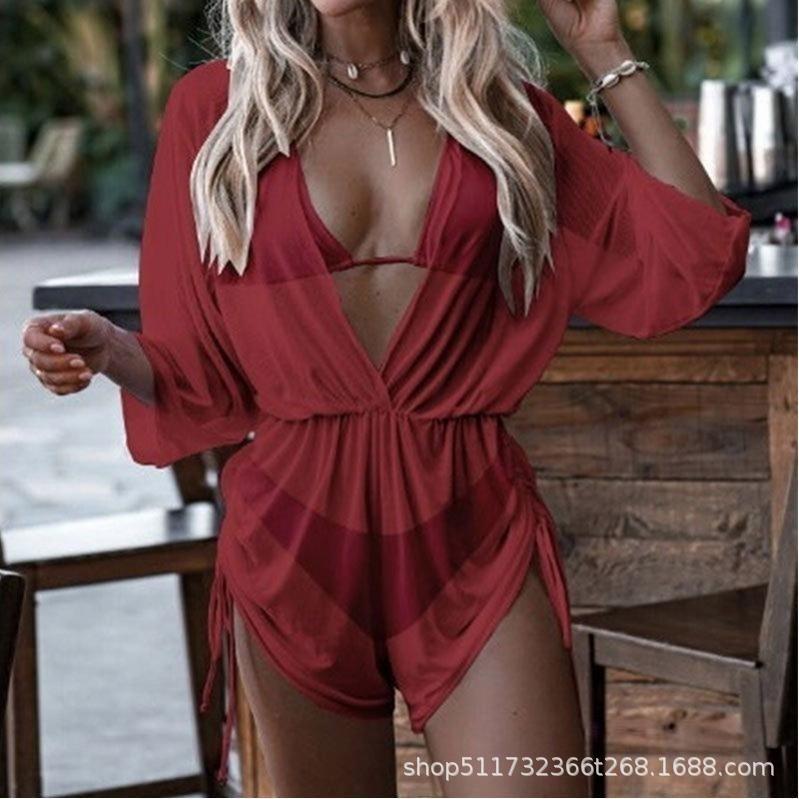 Bikini Three-Piece Set Tight Waist Lace-Up Long Sleeve Leaf Print Beach Conservative Swimsuit Sporty