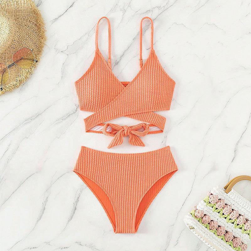 Women's Solid Color Lace-Up Halter High-Waist Bikini Set