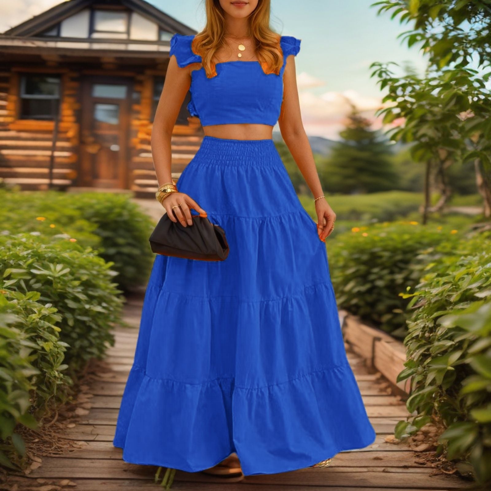 Women's Two-Piece Maxi Dress Set – Sling Top & Swing Skirt
