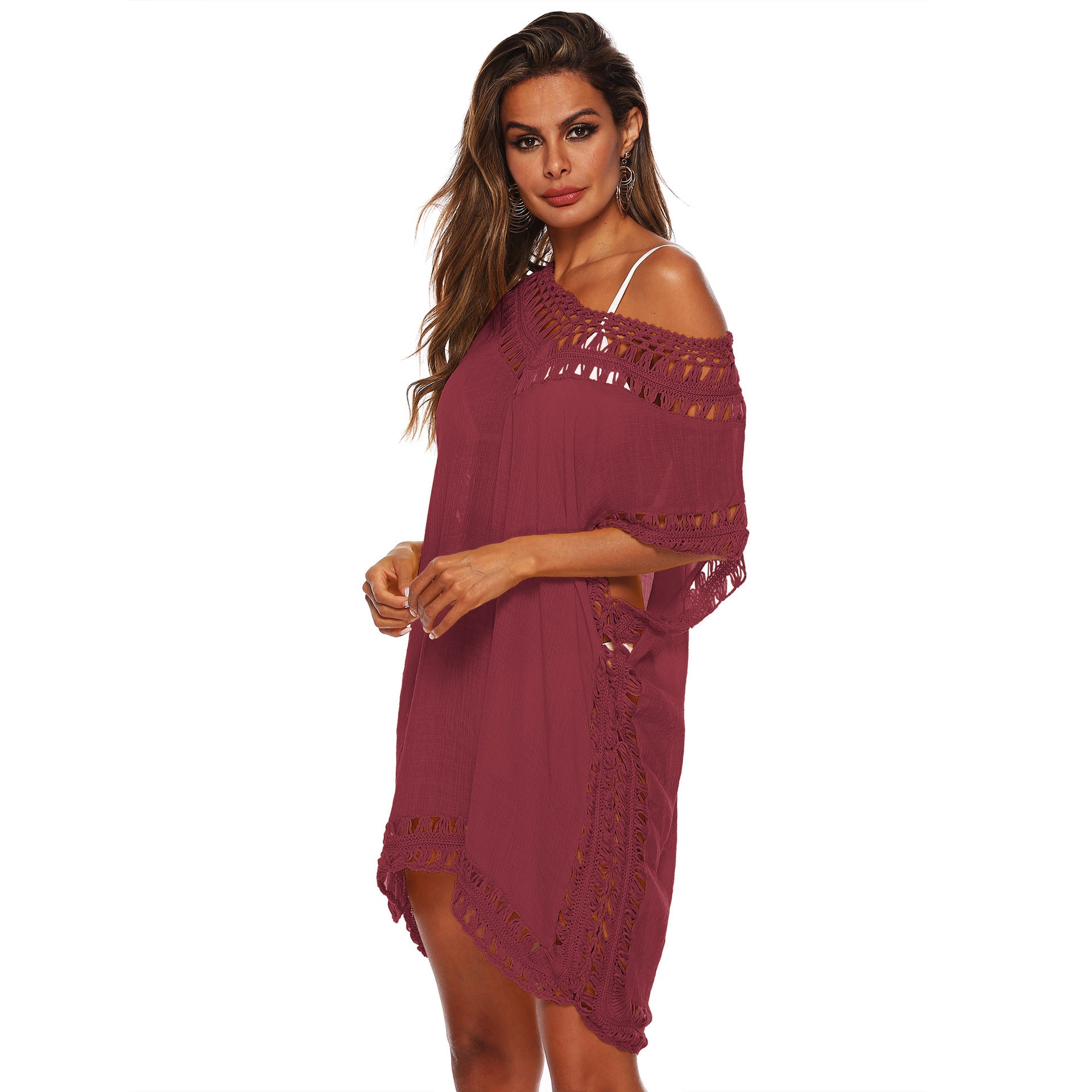 Women's V-Neck Hollow Crochet Beach Cover-Up Blouse