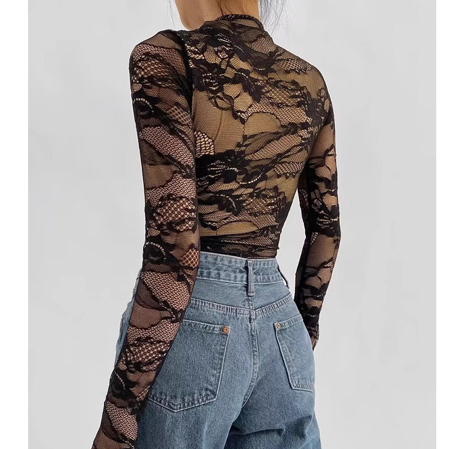Women's Hollow Lace Long-Sleeve Slim Fit Top