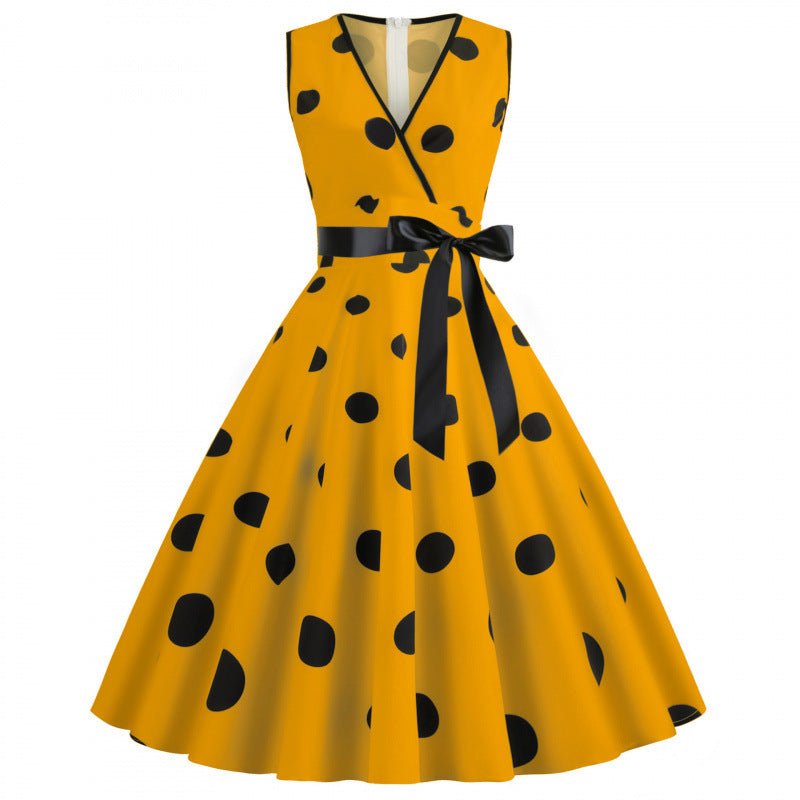 Women's Polka Dot Swing Dress | V-Neck Sleeveless Lace-Up Waist Midi Dress