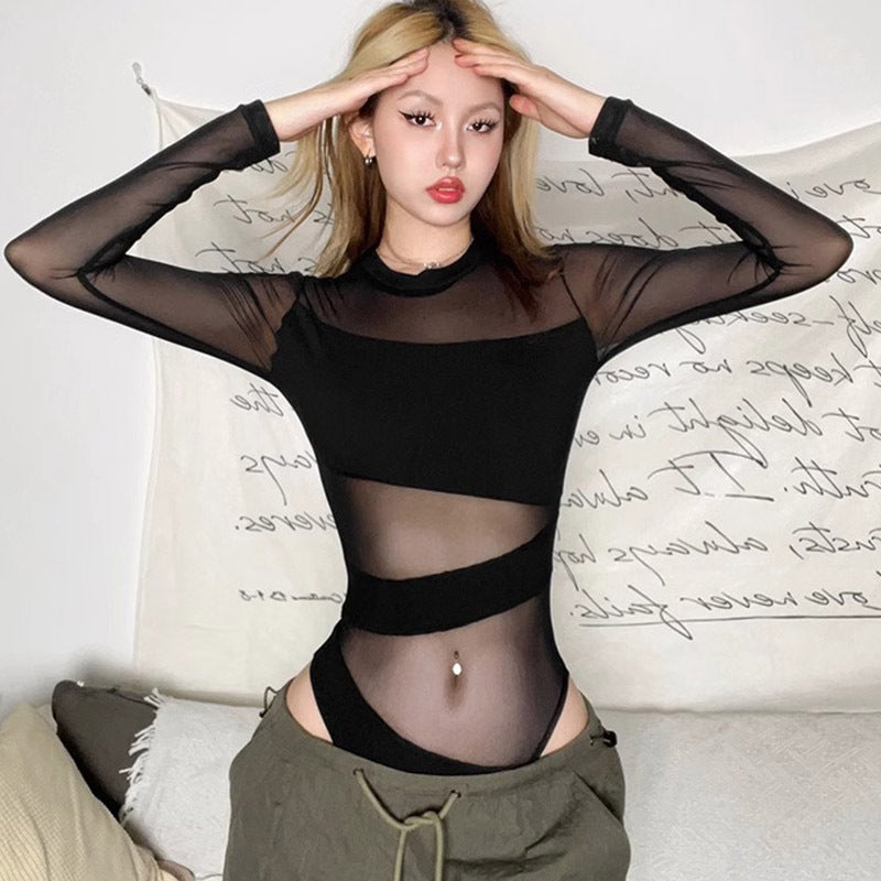 Women's Black Mesh Sheer Long-Sleeve Top – Slim Fit, Hollow Detail | Sizes S–XL