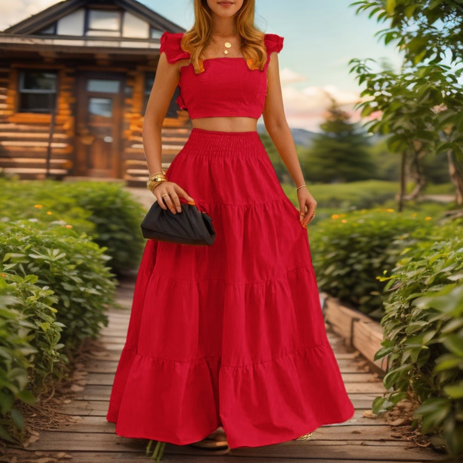 Women's Two-Piece Maxi Dress Set – Sling Top & Swing Skirt