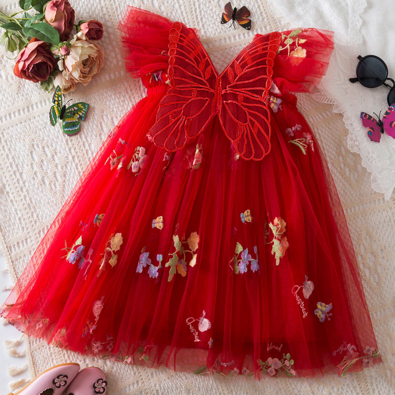 Girls' Korean Flower Embroidered Mesh Princess Dress